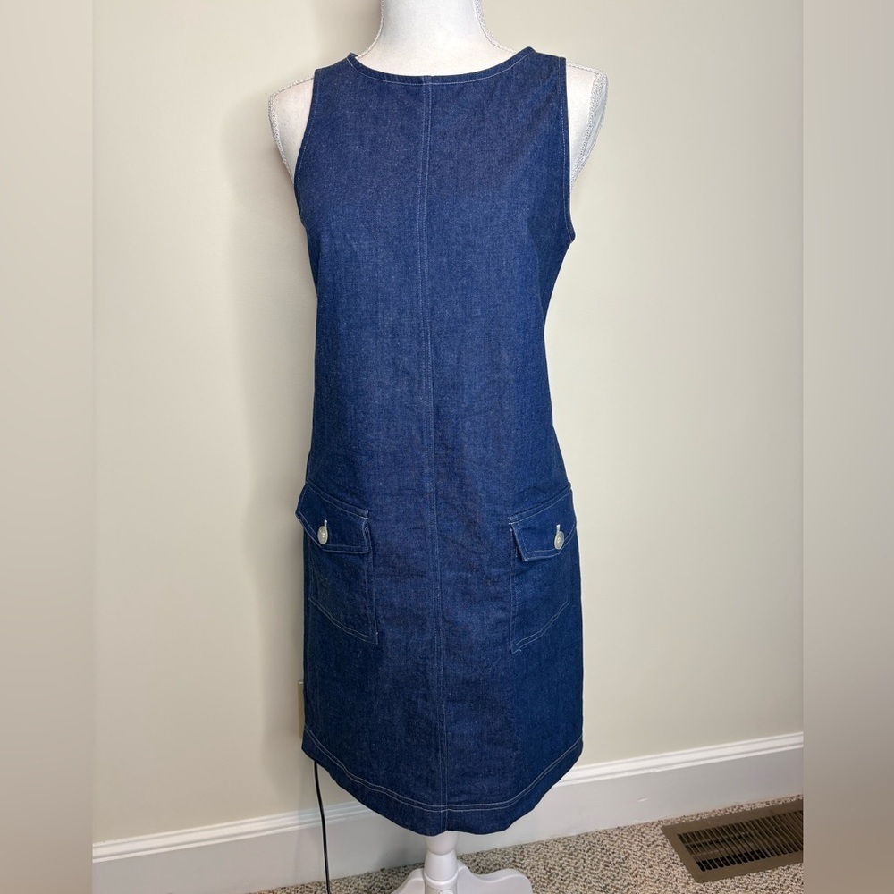 Vtg Positive Attitude Sleeveless Denim Sheath Dress with Pockets. Size 10